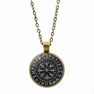 Vintage Vegvisir Viking compass pendant necklace with bronze finish and rune circle