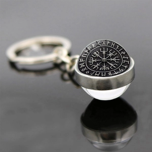 Nordic Viking Vegvisir Compass Keychain Double Sided Glass Ball Rune Pendant Mythology Zinc Alloy Bag Charm Retro Jewelry Accessory