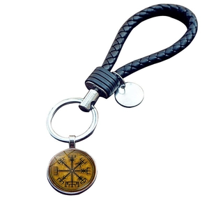 Nordischer Wikinger-Leder-Schlüsselanhänger mit gewebter Kordel und Vegvisir Kompass