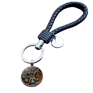 Steampunk Valknut Schlüsselanhänger mit schwarzem geflochtenem Lederband und Metallgetriebe