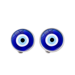 Minimalist evil eye clip-on earrings with blue glass inlay and silver metal trim