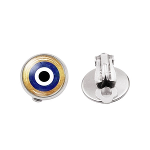 Minimalist evil eye clip-on earrings with blue glass and silver metal base on white background