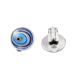 Macro view of Evil Eye clip-on earrings with blue glass and silver metal backing