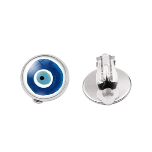 Detailed front and back view of Evil Eye clip-on earrings with blue glass and metal clasp