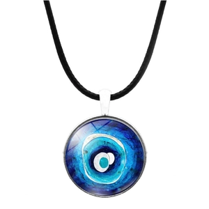 Blauwe Evil Eye glazen hanger ketting met zilveren metalen frame en zwart koord