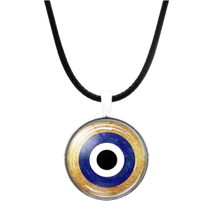 Blauwe Turkse Evil Eye glazen hanger aan zwart koord met een gouden getextureerde basis