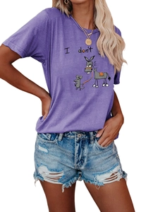 Detail of purple cotton t-shirt featuring cartoon mouse graphic and casual denim shorts