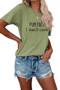 Detail of Fun Fact slogan print on grass green short sleeve cotton t-shirt for women