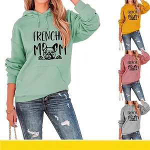 Women Frenchie Mom Hoodie French Bulldog Print Long Sleeve Drawstring Loose Fit Casual Cotton Sweatshirt