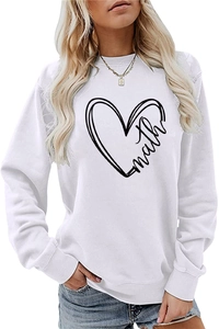 Detail of white crewneck sweatshirt with heart and math script graphic print