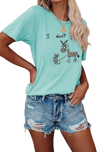 Detail of mint green t-shirt with cartoon donkey print and distressed denim shorts set