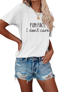 Detail of Fun Fact I Don't Care slogan printed on a white cotton crew neck T-shirt