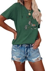 Detail of funny cartoon donkey and mouse graphic print on women's dark green t-shirt
