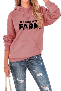 Detail of Life Is Better On The Farm letter print on mauve pink drawstring hoodie