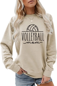 Close-up of volleyball mom print on beige long sleeve crewneck sweatshirt for women