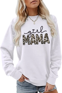 Detail of white cotton sweatshirt featuring girl MAMA leopard print lettering and ribbed cuffs
