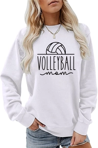 Close-up of white volleyball mom sweatshirt fabric and black graphic print detail