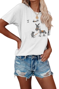 Close-up of funny cartoon print and lettering on a white crew neck short sleeve t-shirt