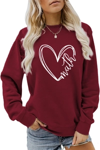 Detail of burgundy sweatshirt featuring a white heart math graphic and ribbed cuffs