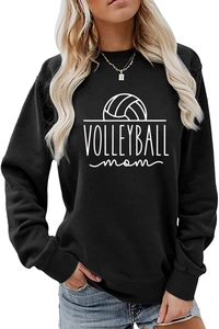 Detail of Volleyball Mom print on black crewneck long sleeve sweatshirt for women