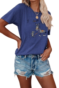 Detail of navy cotton T-shirt featuring funny cartoon graphic and phrase I don't give a