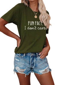 Detail of army green crewneck tee featuring FUN FACT I don't care white slogan print