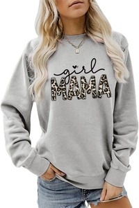 Close-up of girl MAMA print with leopard pattern detail on grey casual crewneck sweatshirt