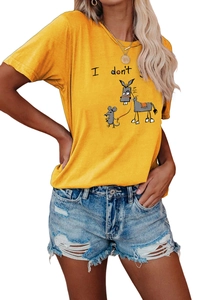 Detail of the yellow cotton t-shirt with a humorous cartoon donkey print and I don't text