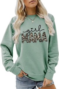 Detail of sage green sweatshirt with leopard print MAMA and cursive girl graphic text