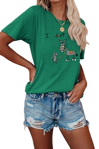 Detail of green cotton T-shirt featuring cartoon mouse graphic and I don't text print