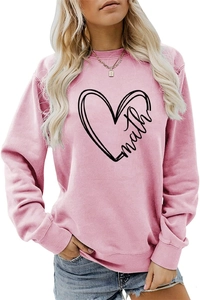 Detail of light pink sweatshirt featuring black heart and math print with ribbed cuffs