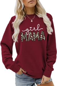 Detail of burgundy sweatshirt featuring leopard print MAMA and white girl script font
