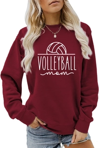 Close-up of Volleyball Mom print on burgundy long sleeve crewneck sweatshirt
