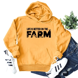 Ginger yellow hoodie with Life Is Better On The Farm print and casual denim outfit set