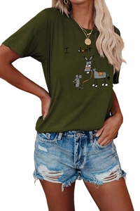 Close-up of military green t-shirt with funny donkey and rat graphic print design