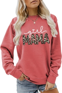 Detail of coral pink girl MAMA sweatshirt featuring leopard print and ribbed cuffs
