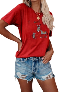 Detail of red crewneck T-shirt with I Don't graphic and distressed denim shorts