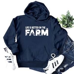 Navy blue Life Is Better On The Farm hoodie with farm graphic and drawstrings