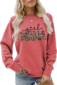 Close-up of girl MAMA slogan print with leopard pattern on terracotta sweatshirt