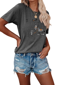 Close-up of funny cartoon donkey and mouse print on dark grey cotton women's t-shirt