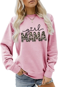Close-up of pink crewneck sweatshirt with girl MAMA leopard print lettering detail