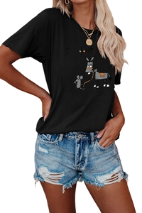 Close-up of a funny cartoon mouse and donkey print on a black round neck t-shirt