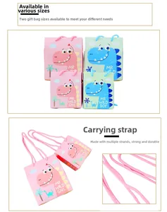 Detail showing cute cartoon dinosaur candy boxes with durable braided handles and two sizes