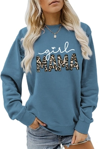 Detail of blue girl MAMA sweatshirt with leopard print letters and ribbed cuffs