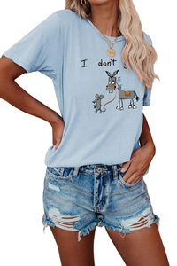 Detail of light blue cotton t-shirt featuring hand-drawn cartoon mouse and donkey print