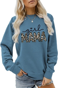 Detail of blue girl MAMA sweatshirt featuring leopard print texture on the lettering