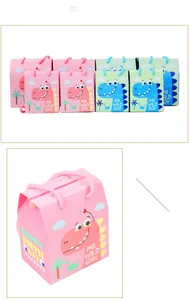 Detail of pink and teal dinosaur birthday gift bags with woven handles and happy birthday text