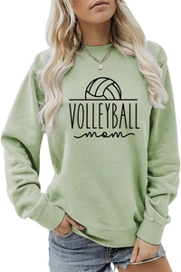 Close-up of Volleyball Mom graphic print on a sage green long sleeve sweatshirt