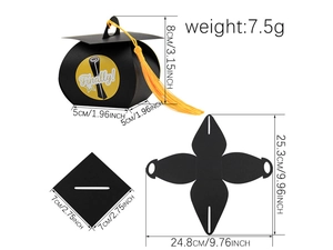 Detailed dimensions of graduation cap gift box with yellow tassel and Finally! sticker