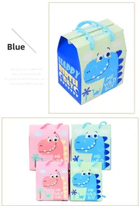 Detail of dinosaur-themed party favor boxes in blue and pink with rope handles